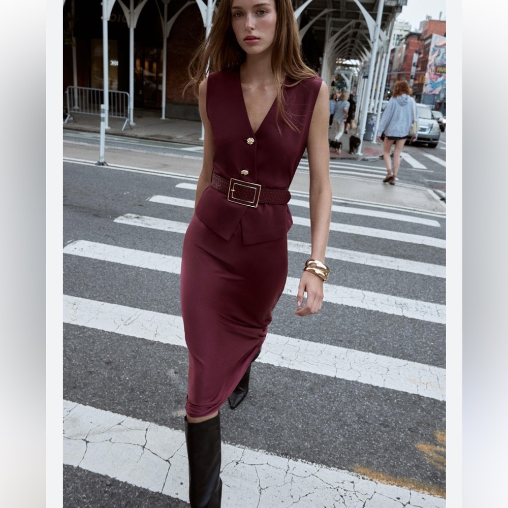 Zara Wine Sleeveless Midi Dress with Belt